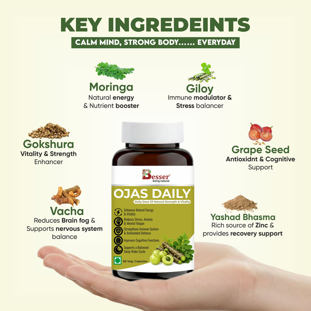 Besser Ojas Daily – Daily Dose of Natural Strength & Vitality | Ayurvedic Wellness Capsules for Energy, Immunity, Mental Clarity & Stress Management | 60 Veg Capsules