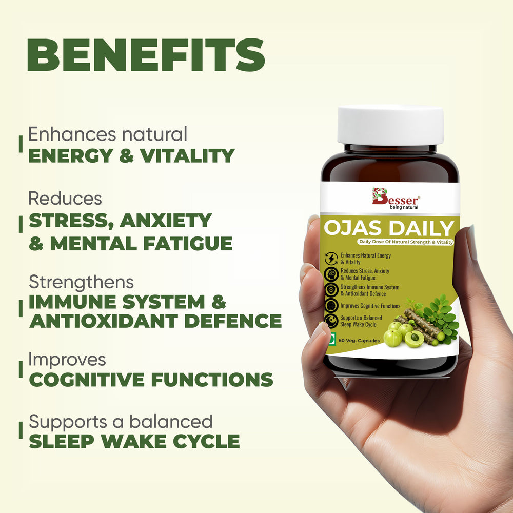 Besser Ojas Daily – Daily Dose of Natural Strength & Vitality | Ayurvedic Wellness Capsules for Energy, Immunity, Mental Clarity & Stress Management | 60 Veg Capsules