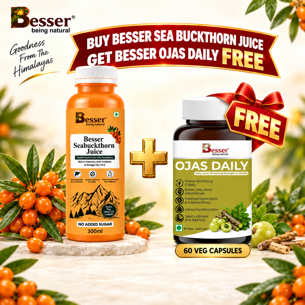 Besser Sea Buckthorn Juice 300 ml + FREE Ojas Daily 60 Veg Capsules | Daily Wellness Combo