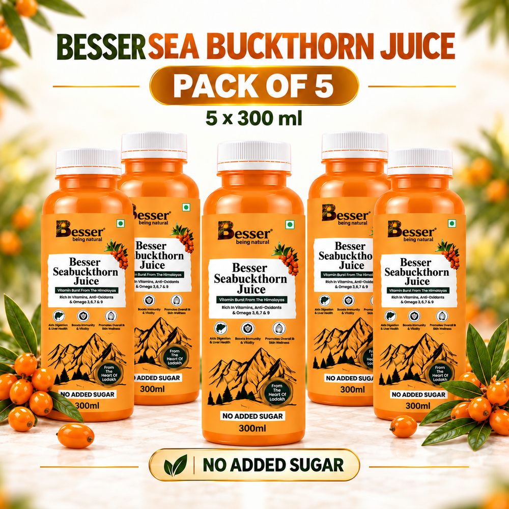 Besser Sea Buckthorn Juice 300 ml – Pack of 5 | Himalayan Superfruit Juice with Omega 3, 6, 7 & 9